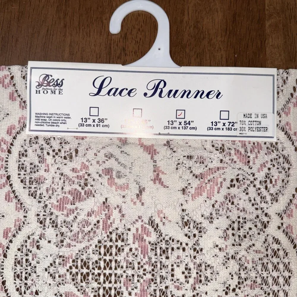 Bess Lace Table Runner Pink Floral Lace Cottagecore Farmhouse Decor 13x54 NEW